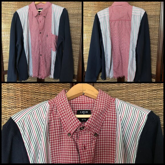 Upcycled Mixed Print Button-Down Shirt, Size M-L: Spliced Plaid & Striped Top - Picture 12 of 12
